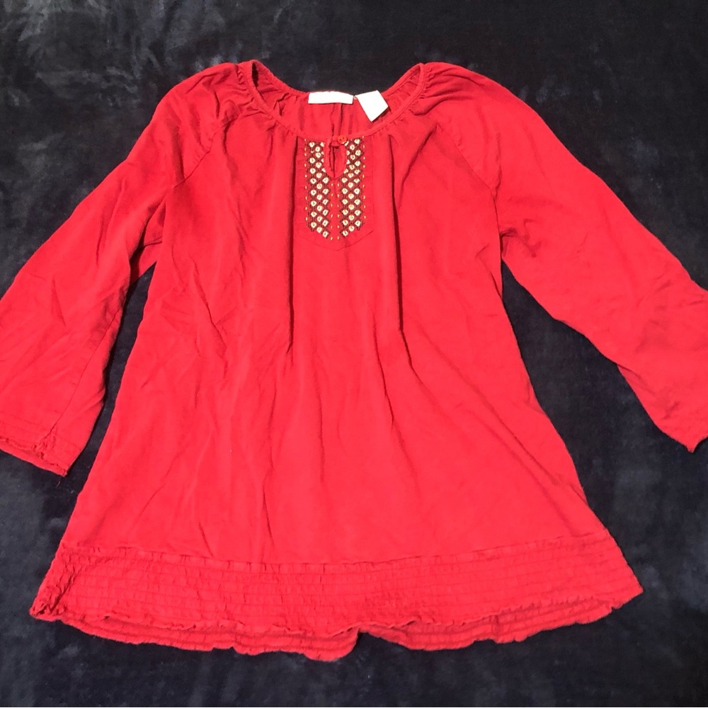 Kim Rogers Red Cotton Embroidered Split Neck Peasant Blouse Tunic Medium